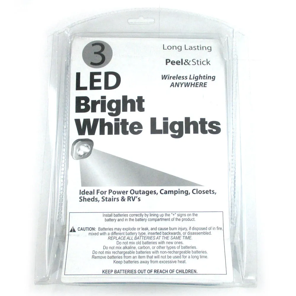 3 LED Bright White Push Touch Lights Peel Stick Long Lasting Camping Closets !