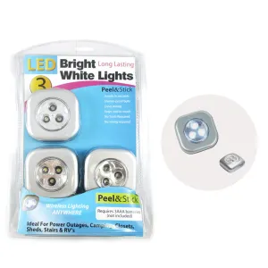 3 LED Bright White Push Touch Lights Peel Stick Long Lasting Camping Closets !