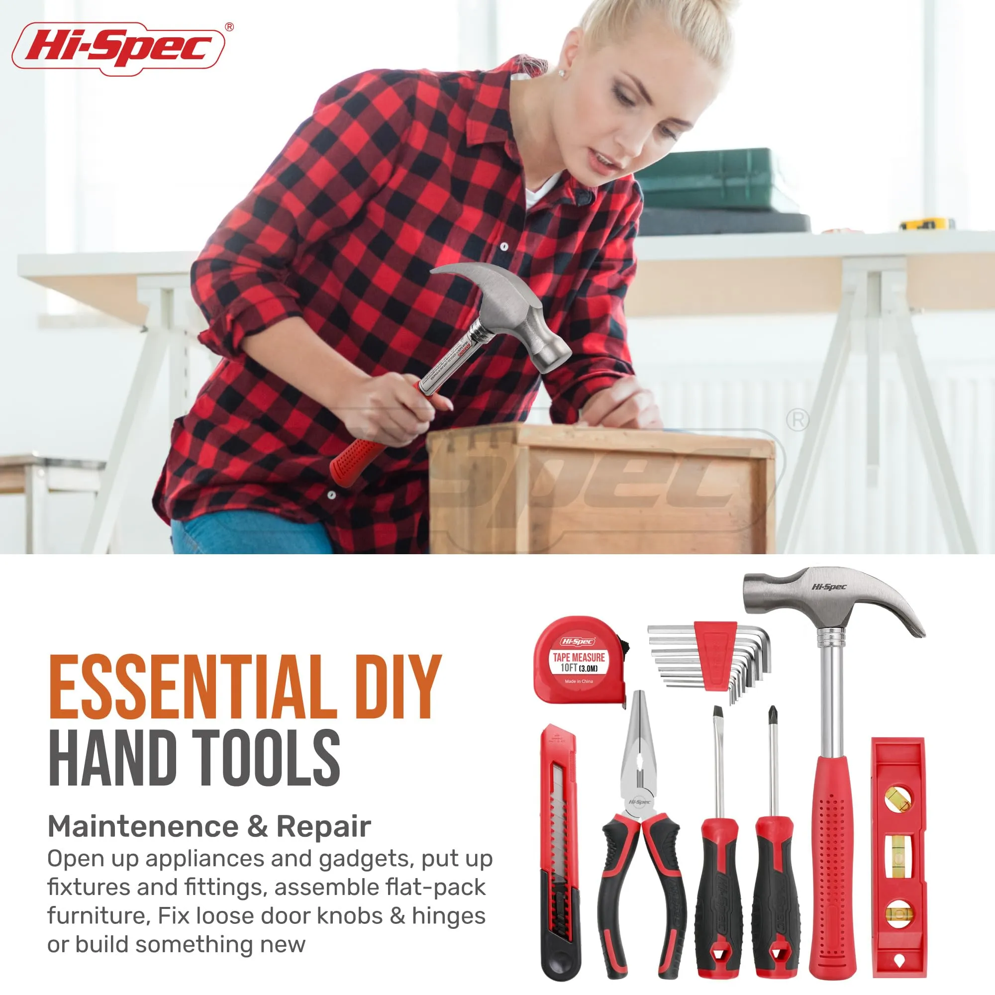 58pc Red 8V Compact Electric Drill Driver & All-Purpose Household Tool Kit Set in a Carry Case