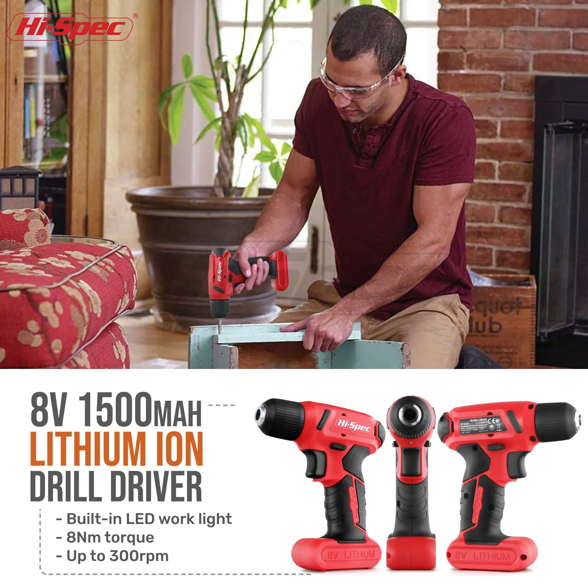 58pc Red 8V Compact Electric Drill Driver & All-Purpose Household Tool Kit Set in a Carry Case