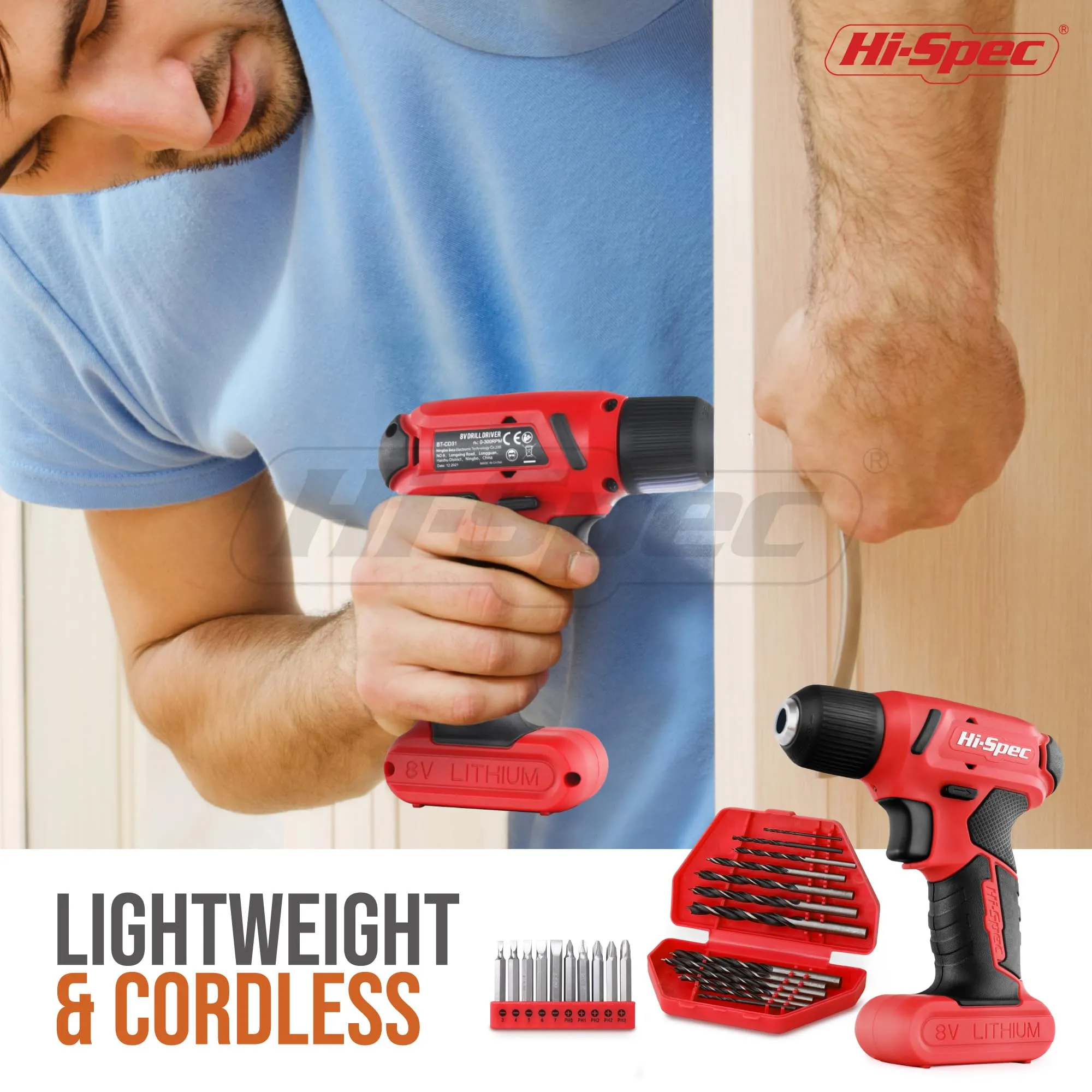 58pc Red 8V Compact Electric Drill Driver & All-Purpose Household Tool Kit Set in a Carry Case
