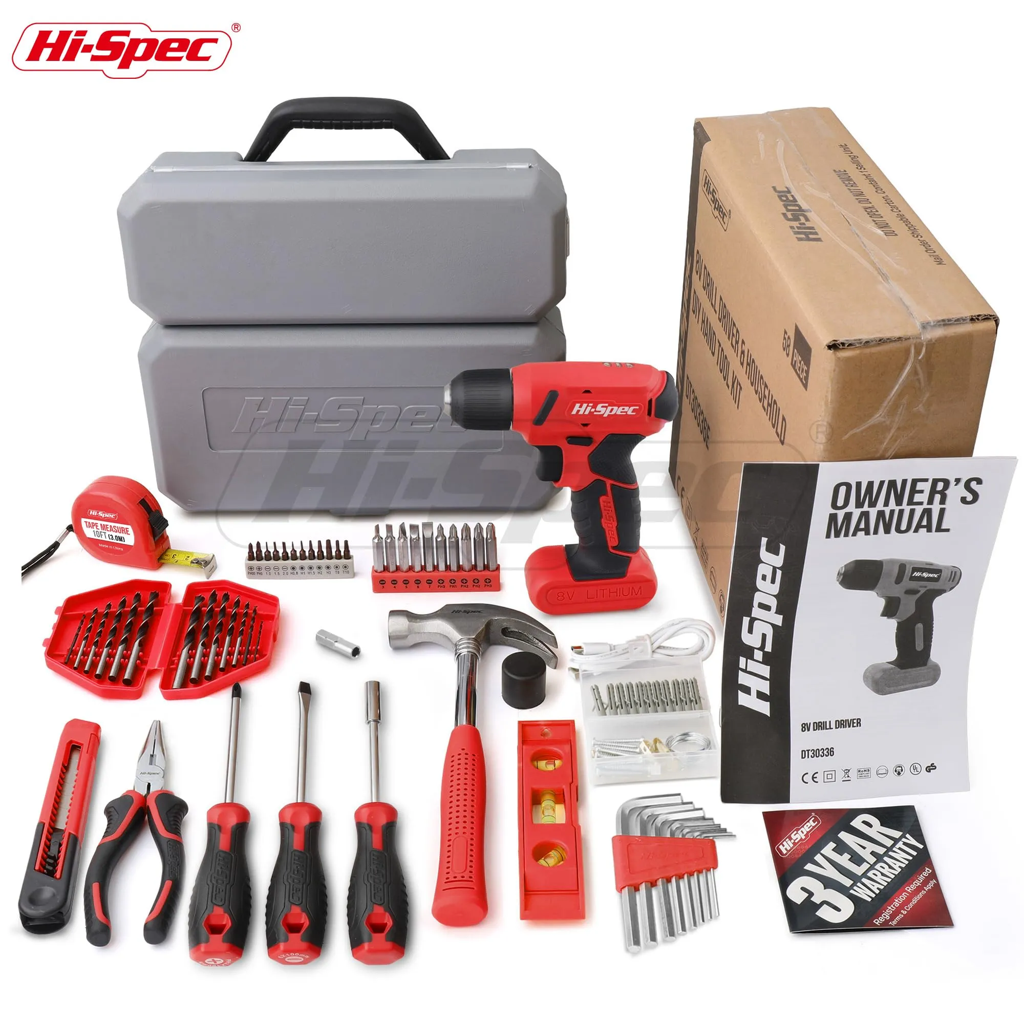 58pc Red 8V Compact Electric Drill Driver & All-Purpose Household Tool Kit Set in a Carry Case