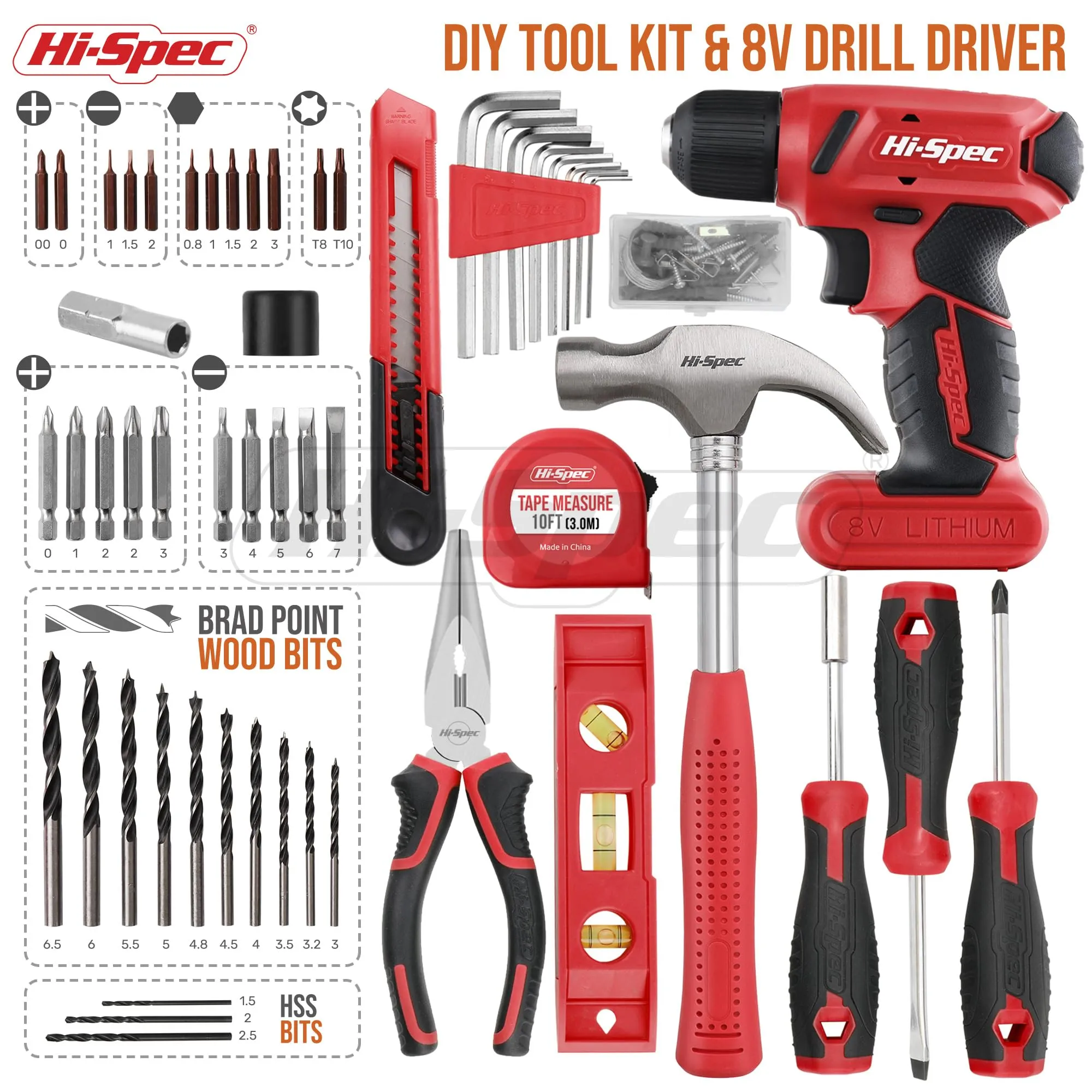 58pc Red 8V Compact Electric Drill Driver & All-Purpose Household Tool Kit Set in a Carry Case