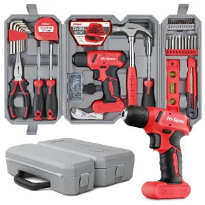 58pc Red 8V Compact Electric Drill Driver & All-Purpose Household Tool Kit Set in a Carry Case