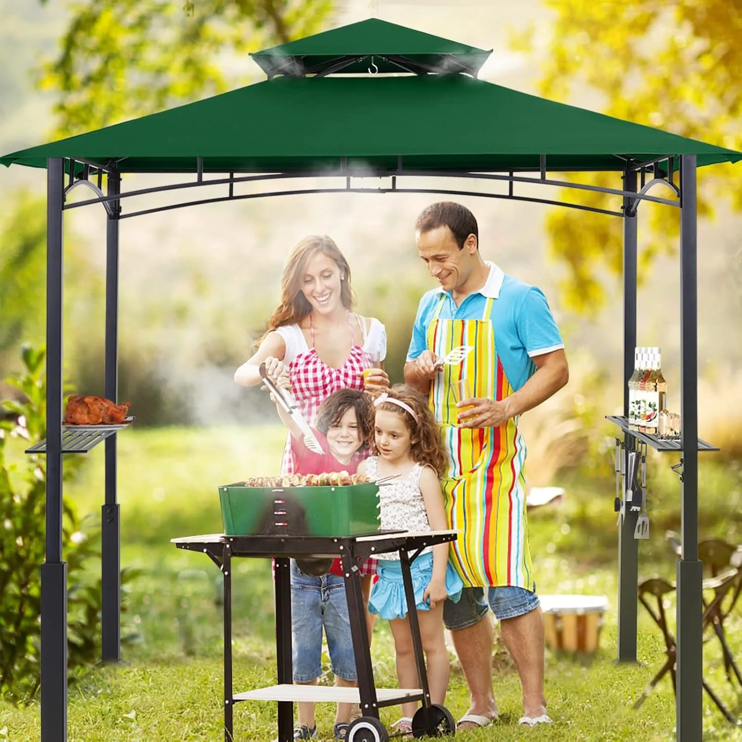 8'X 5' Grill Gazebo Canopy - Outdoor BBQ Gazebo Shelter with LED Light, Patio Canopy Tent for Barbecue and Picnic (Forest Green)