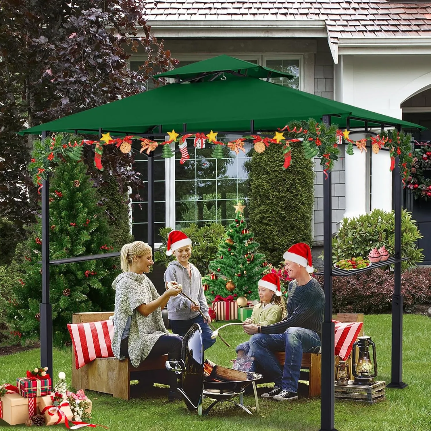 8'X 5' Grill Gazebo Canopy - Outdoor BBQ Gazebo Shelter with LED Light, Patio Canopy Tent for Barbecue and Picnic (Forest Green)