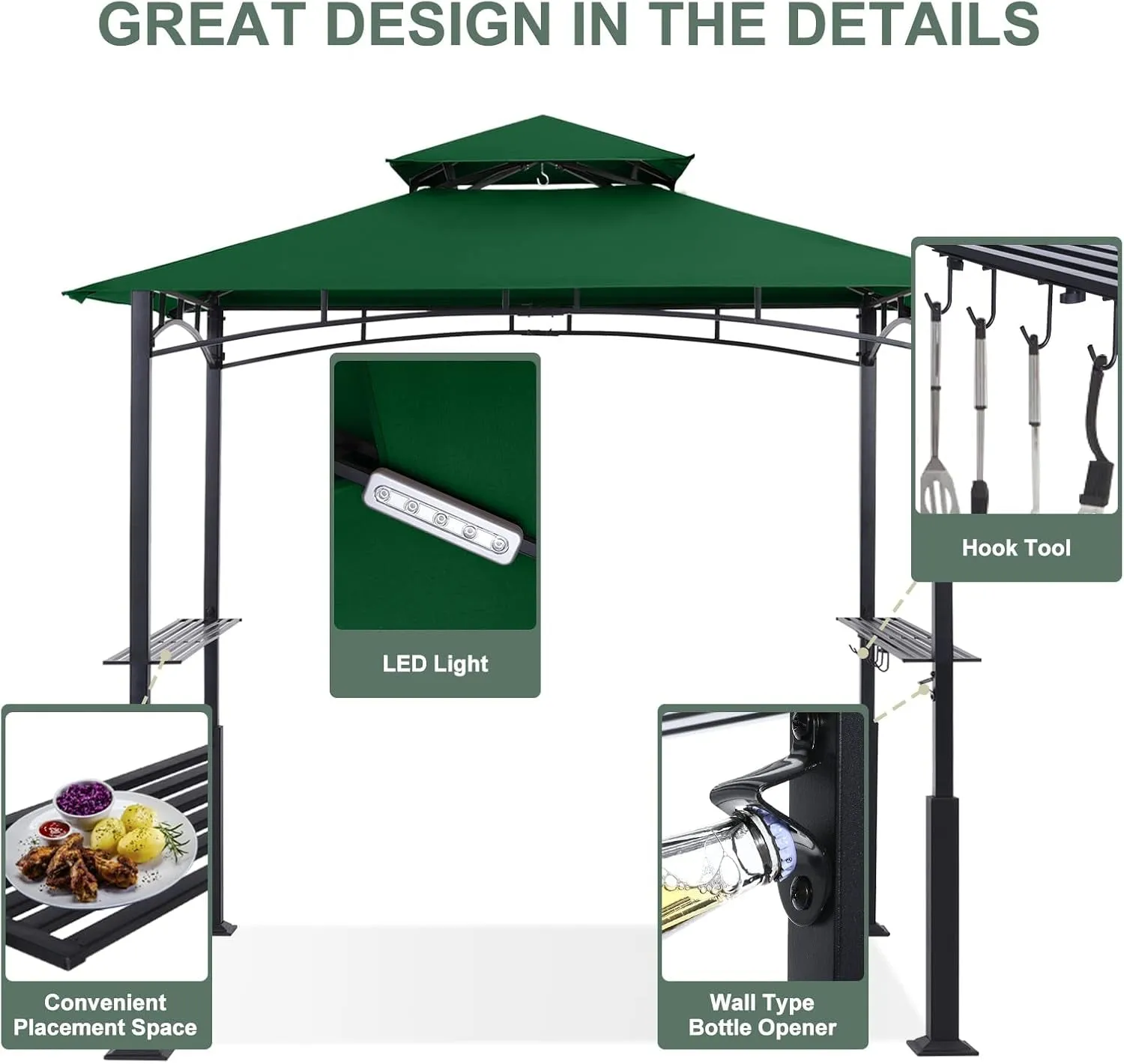 8'X 5' Grill Gazebo Canopy - Outdoor BBQ Gazebo Shelter with LED Light, Patio Canopy Tent for Barbecue and Picnic (Forest Green)