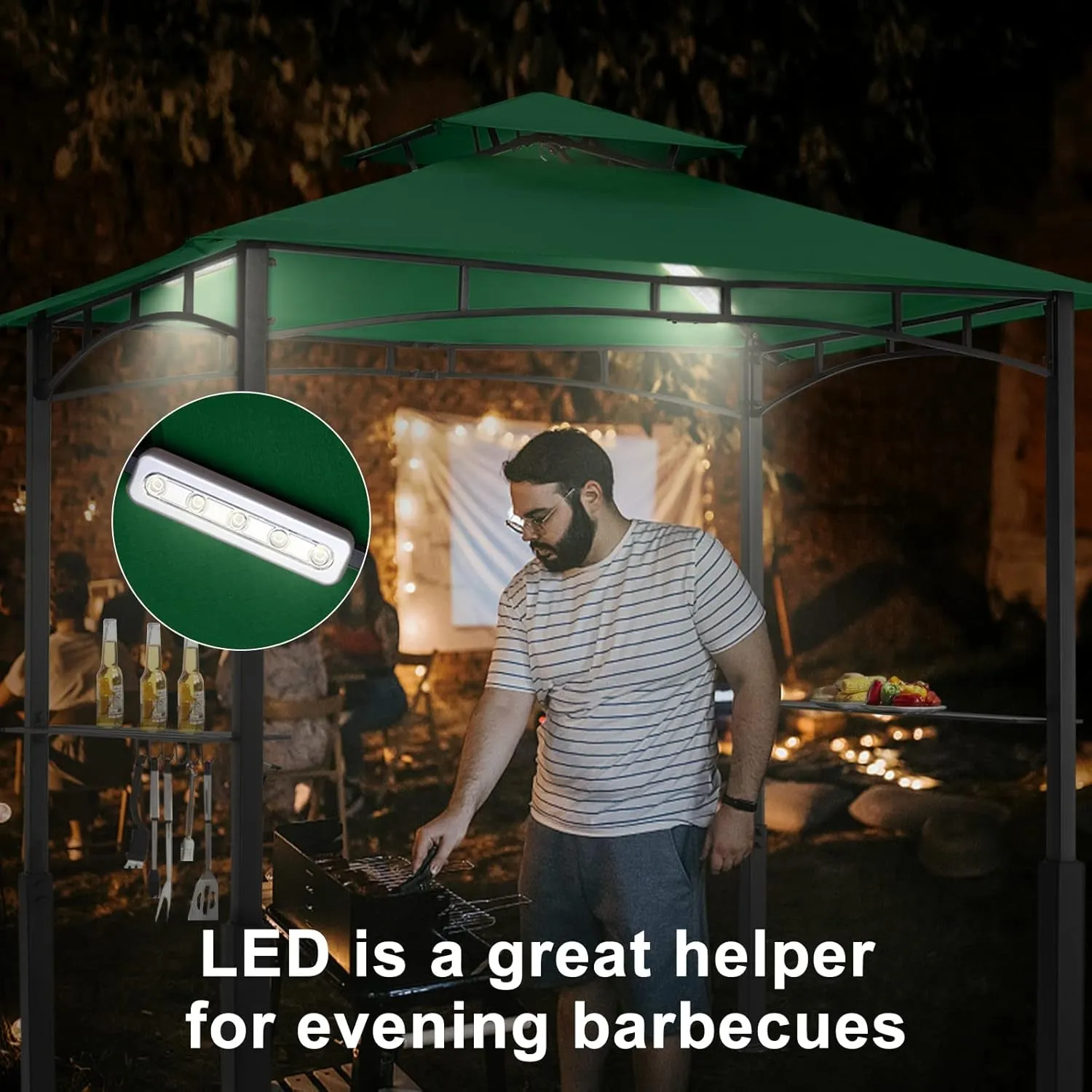 8'X 5' Grill Gazebo Canopy - Outdoor BBQ Gazebo Shelter with LED Light, Patio Canopy Tent for Barbecue and Picnic (Forest Green)