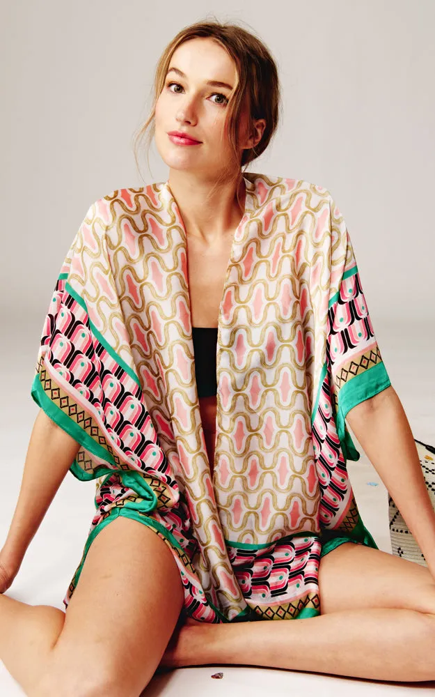 BAAP2513 Silky Multi Pattern Cover Up Kimono