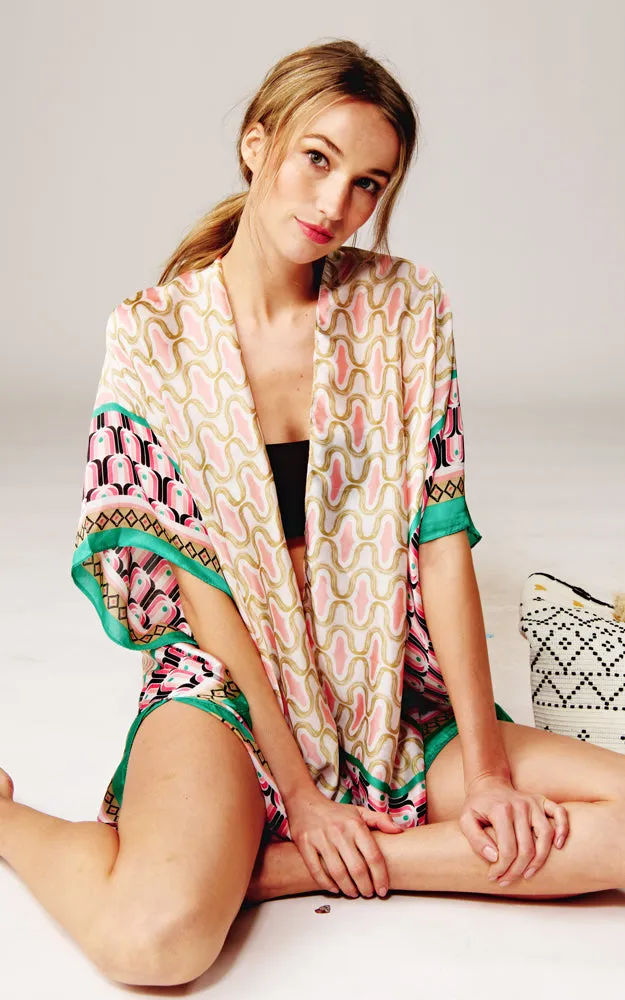 BAAP2513 Silky Multi Pattern Cover Up Kimono