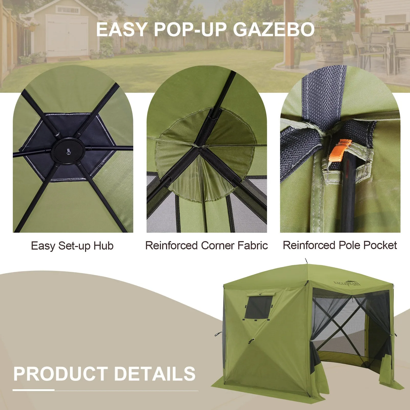 EAGLE PEAK 12x12 ft Portable Quick Pop Up Canopy Tent with 3 Wall Panels, Green/Beige