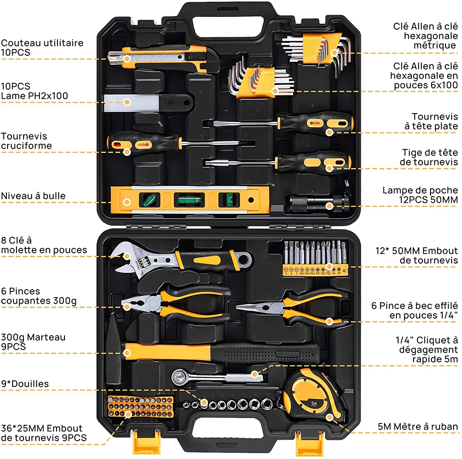 Household Tool Kit 102PCS, Tool Set, Hand Tool Kit with Wrenches, Precision Screwdriver Set, Hammer, Pliers and ToolBox - MTH100