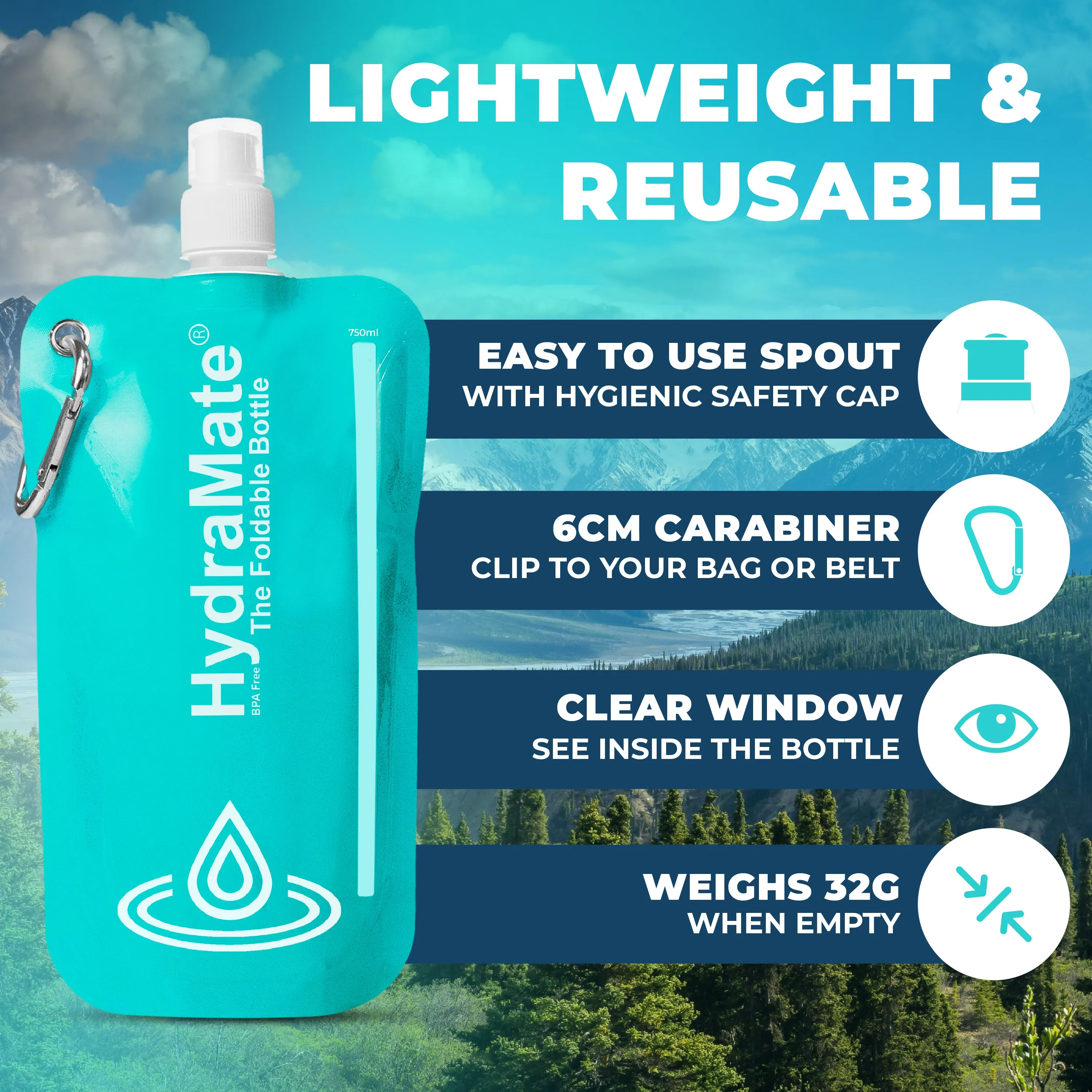 HydraMate Foldable Bottle. Collapsible Water Bottle 750ml