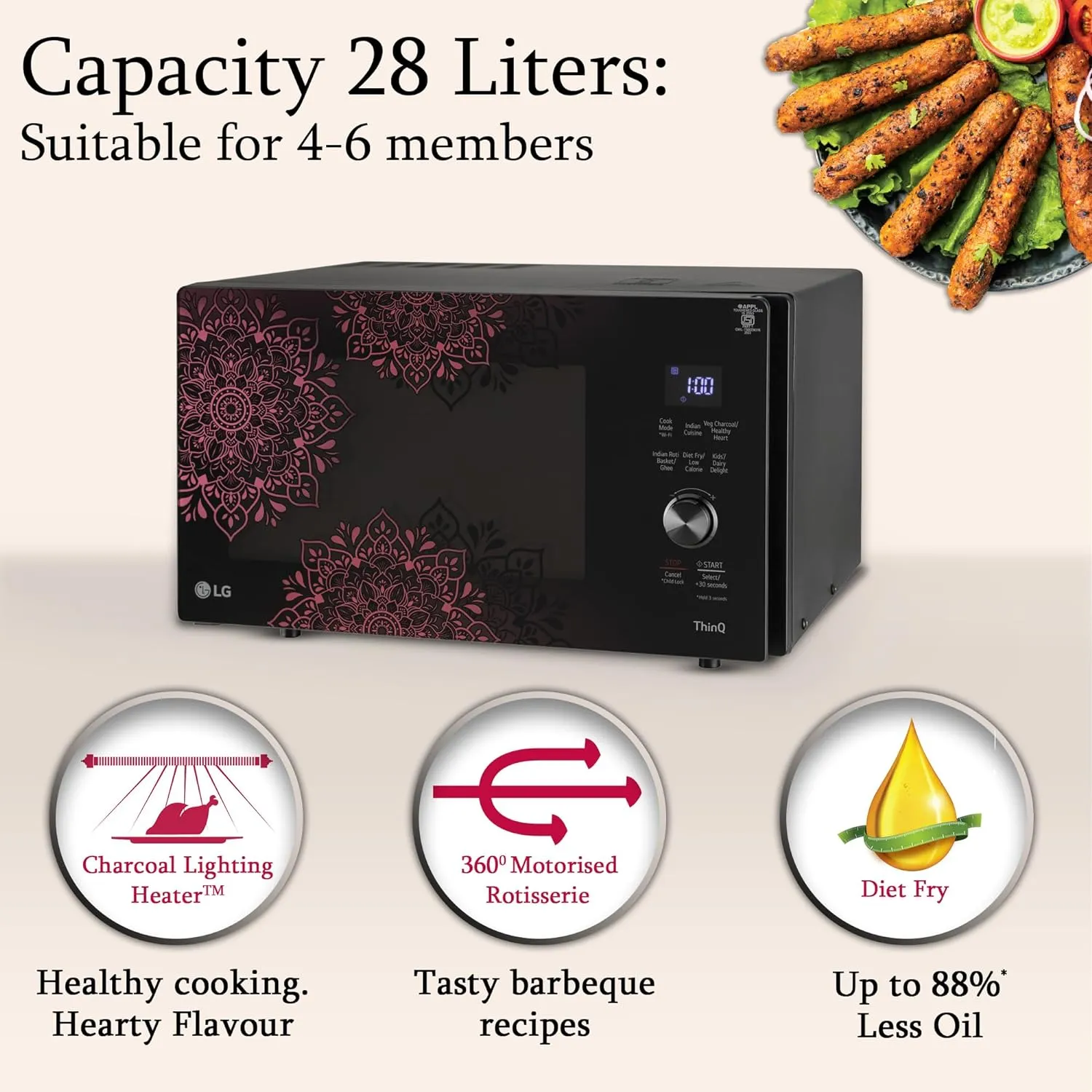 LG MJEN286VIW 28 L Charcoal Convection Microwave Oven | Wi-Fi Enabled | Scan to Cook | 360 Motorised Rotisserie | Heart-Friendly Recipes | Stainless Steel Cavity | Black