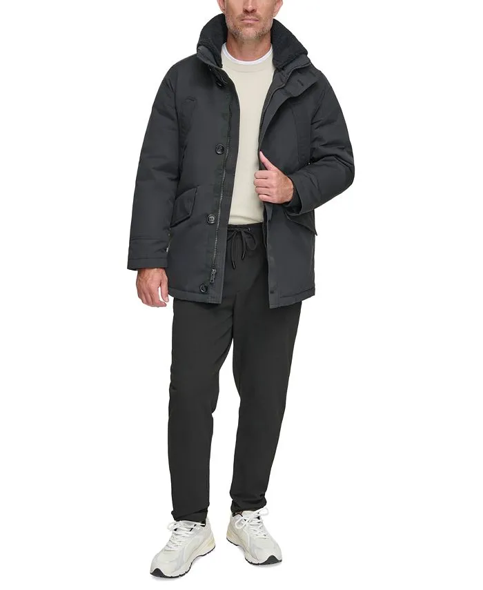 Marc New York Men's Full Zip Waxed Parka with Removable Fleece Trim ,  black
