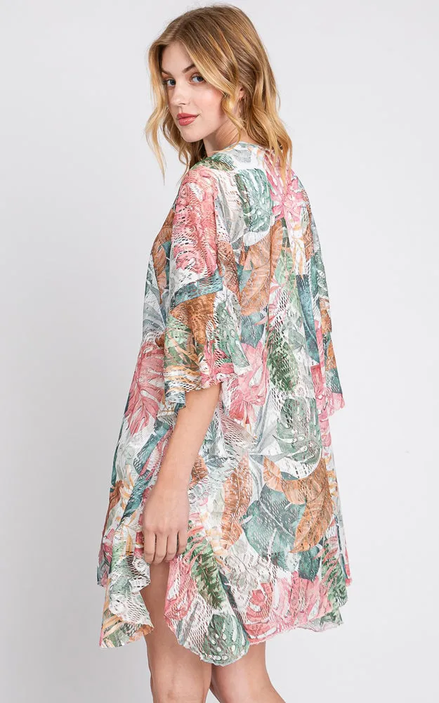 MS0357 RUFFLE LINED TROPICAL LEAVES PRINT OPEN FRONT CROCHET  COVER UP