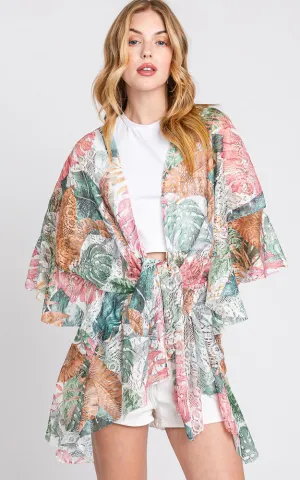 MS0357 RUFFLE LINED TROPICAL LEAVES PRINT OPEN FRONT CROCHET  COVER UP