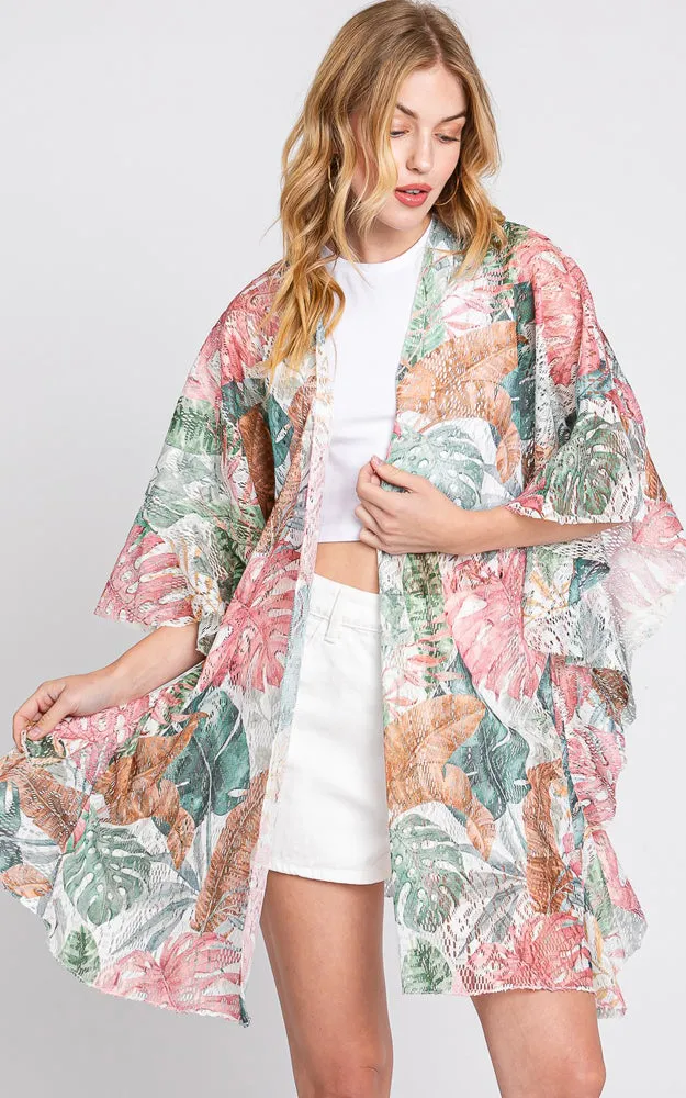 MS0357 RUFFLE LINED TROPICAL LEAVES PRINT OPEN FRONT CROCHET  COVER UP