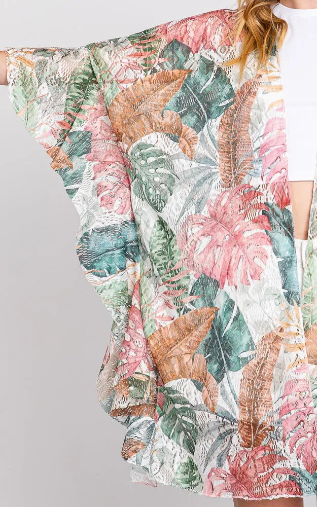 MS0357 RUFFLE LINED TROPICAL LEAVES PRINT OPEN FRONT CROCHET  COVER UP